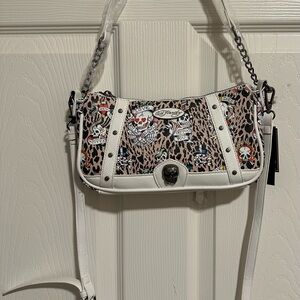 Ed Hardy White Leopard-Print Shoulder Bag with Tattoo Motifs